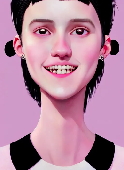 Image similar to portrait of high school girl, realistic, black hair, bangs, half updo hairstyle, pointy nose, skinny, smile, ugly, defined jawline, big chin, pink hair bow, earrings, intricate, elegant, glowing lights, highly detailed, digital painting, artstation, sharp focus, illustration, art by wlop, mars ravelo and greg rutkowski