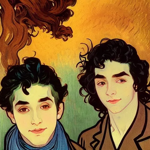 Image similar to painting of young cute handsome beautiful dark medium wavy hair man in his 2 0 s named shadow taehyung and cute handsome beautiful min - jun together at the halloween! party, bubbling cauldron!, candles!, smoke, autumn! colors, elegant, wearing suits!, delicate facial features, art by alphonse mucha, vincent van gogh, egon schiele