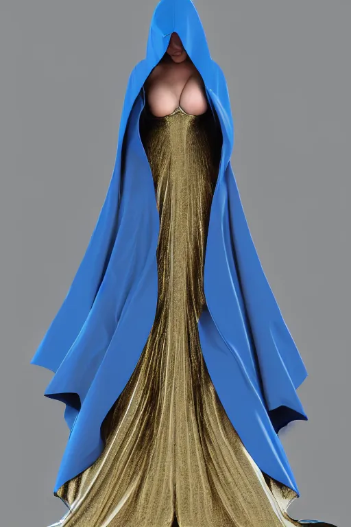 Prompt: detailed beautiful hooded noun in opened blue gold coat, seductive confident pose, attractive feminine curves, intricate details, futuristic, elegant cape, elegant, photorealism, trending on artstation, holy halo, advanced technology, art by moebius and vitaly bulgarov and chanthara