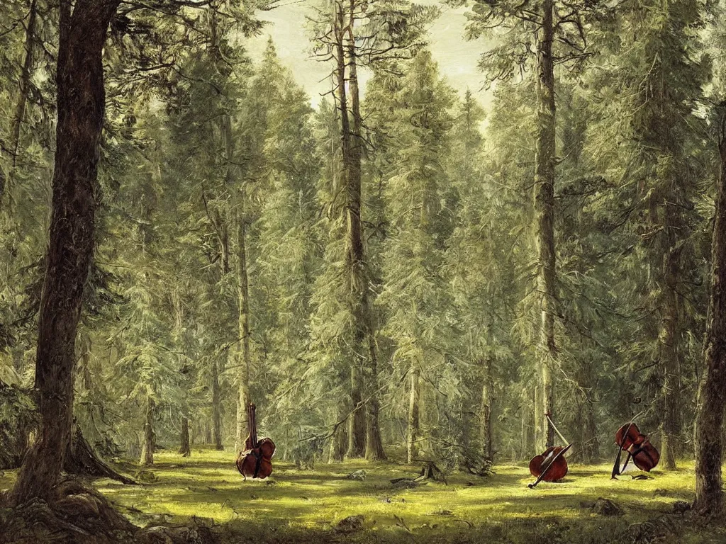 Prompt: forest scene with a single cello leaning on a tree, intricate, beautiful, highly detailed, elegant, artstation, concept art, smooth and sharp focus, illustration, painting by ivan shishkin and isaak ilyich levitan