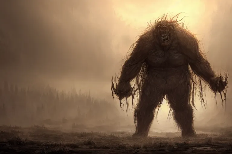 Prompt: a tall humongous angry monster made of flesh and bones, standing faraway in the far distance, elden ring boss, realism, photo realistic, high quality, misty, hazy, ambient lighting, cinematic lighting, studio quality, scary