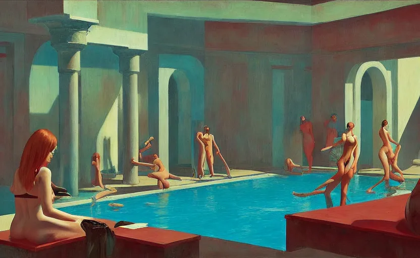 Prompt: Inside a greek dungeon with a big pool and ladies in bikini, very coherent, painted by Edward Hopper, Wayne Barlowe, painted by James Gilleard, airbrush, art by JamesJean