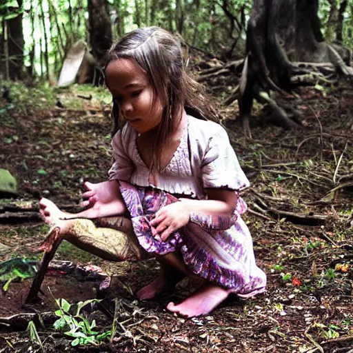 Prompt: “child girl making a ritual sacrifice in the forest”