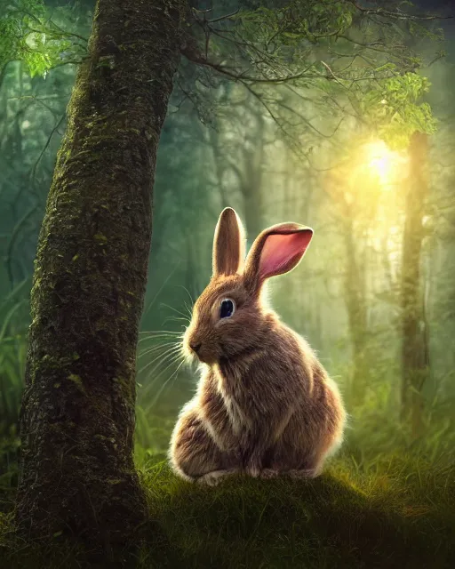 Image similar to photo of a mystic rabbit druid mage. photorealistic, ethereal, magical forest, magic hour, misty, bokeh, highly detailed