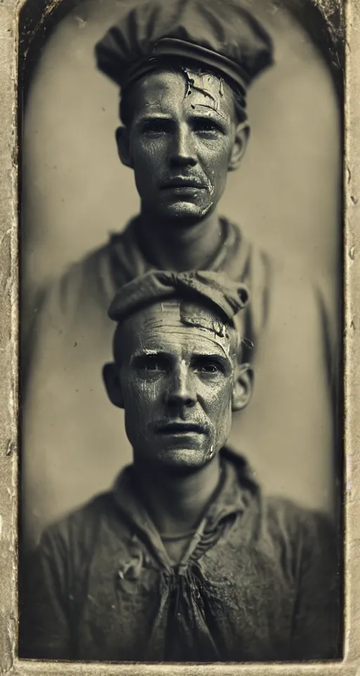 Prompt: a highly detailed wet plate photograph, a portrait of a sailor