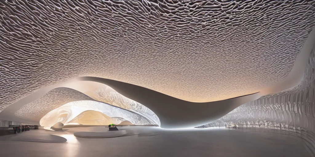 Image similar to extremely detailed awe ornate stunning beautiful futuristic smooth curvilinear elegant museum interior by zaha hadid, translucent gills, stunning volumetric light, stainless steel, concrete, translucent material, beautiful sunset, hyper real, 8k, colorful, 3D cinematic volumetric light, atmospheric light