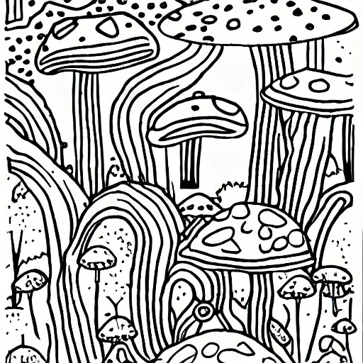 Prompt: an adult coloring page of toadstools in the forest