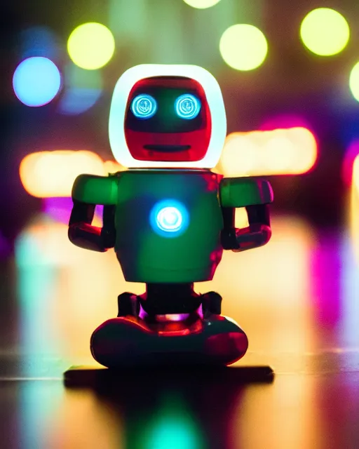 Image similar to high quality presentation night photo of an illuminated glowing retro toy robot, photography 4k, f1.8 anamorphic, bokeh, 4k, Canon, Nikon