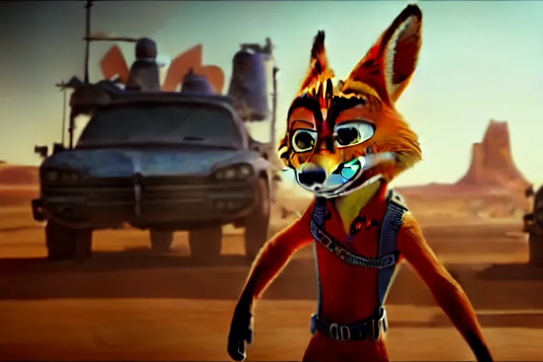 Image similar to nick wilde ( from zootopia ), heavily armed and armored facing down armageddon in a dark and gritty reboot from the makers of mad max : fury road