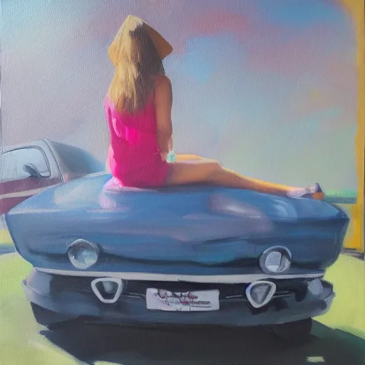 Image similar to girl sitting on car, oil painting by ian francis