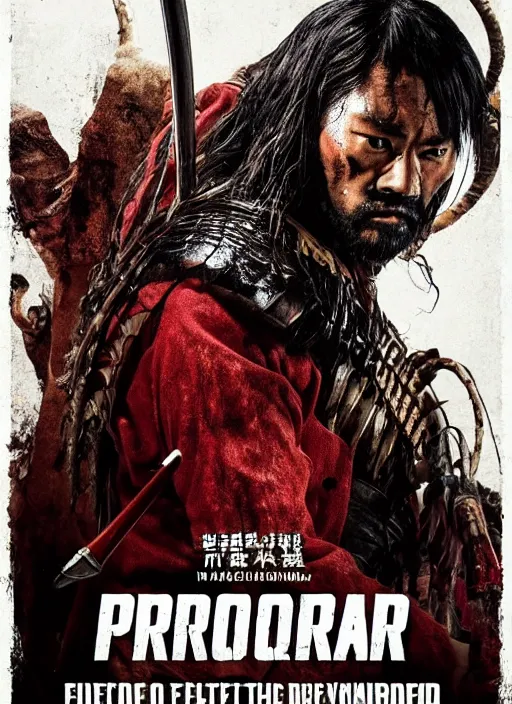 Prompt: movie poster for predator film shot in feudal japan staring hiroyuki sanada as a disgraced ronin, who hunts down the predator after he fails to protect his master from it