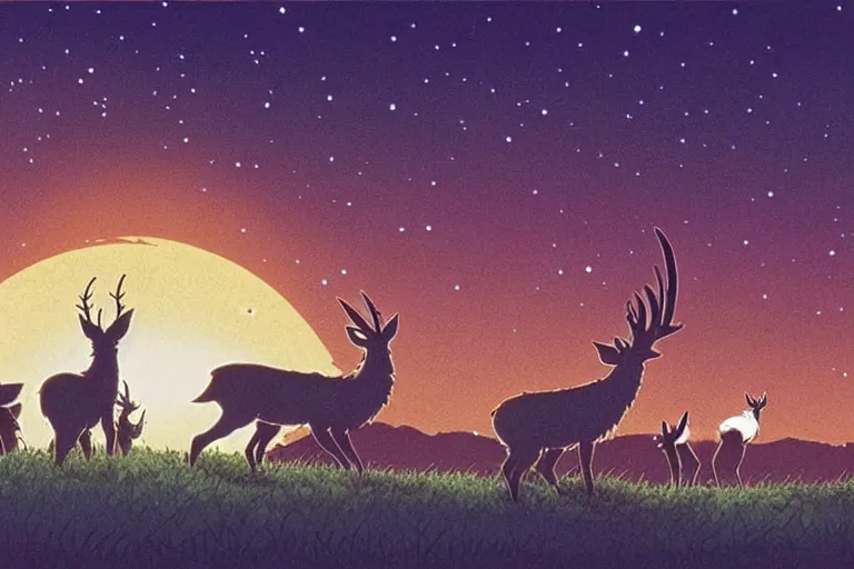 Prompt: a still from a studio ghibli film of a group of deer looking up at an alien ufo from princess mononoke ( 2 0 0 4 ) at night on a desert road, full body, wide shot, very muted colors, post grunge, studio ghibli, laurie greasley, highly detailed, deviantart, art by artgem
