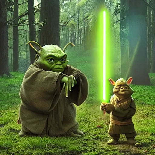 Prompt: yoda training shrek with lightsabers in swamp with donkey watching colorful detailed 1 2 0 k ultra hyper wow very very