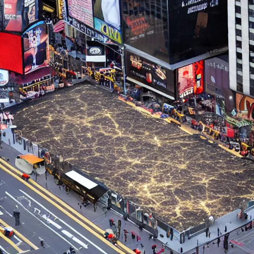 Image similar to news footage of the great hamburger meteor crash site in Times Square, high resolution photo