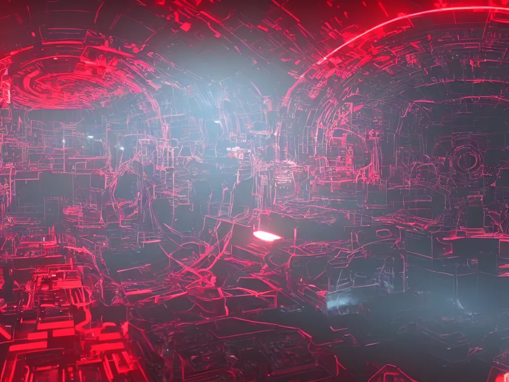 Prompt: Visualization of a typical Autechre song, mechanical, metal, machinery, robots, red lights, 8k