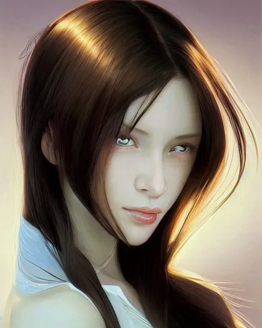 Image similar to portrait of woman cute-fine-face, with long black hair that extends past her waist with locks of hair that frame her face down to her chin and shows off her high forehead, pretty face, realistic shaded Perfect face, fine details. Anime. realistic shaded lighting by Ilya Kuvshinov Giuseppe Dangelico Pino and Michael Garmash and Rob Rey, IAMAG premiere, aaaa achievement collection, elegant freckles, fabulous