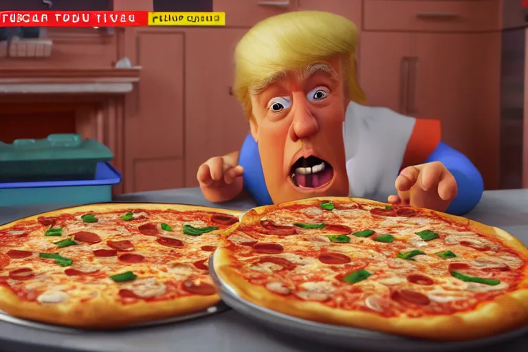 Prompt: still from a pixar movie of trump making a pizza, high quality 3 d render, movie, pixar, renderman, 4 k, artstation