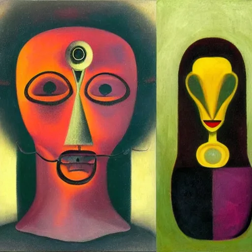 Image similar to Oil painting by Rufino Tamayo. Two mechanical gods with animal faces having a conversation. Oil painting by Dali. Portrait by Lisa Yuskavage.