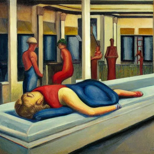 Image similar to people sleeping on slabs, dystopian, pj crook, edward hopper, oil on canvas