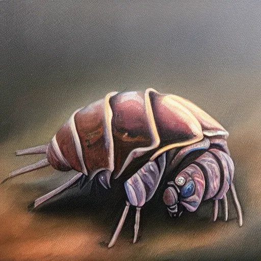 Prompt: humanoid isopod, swamp, forest, foggy, oil painting