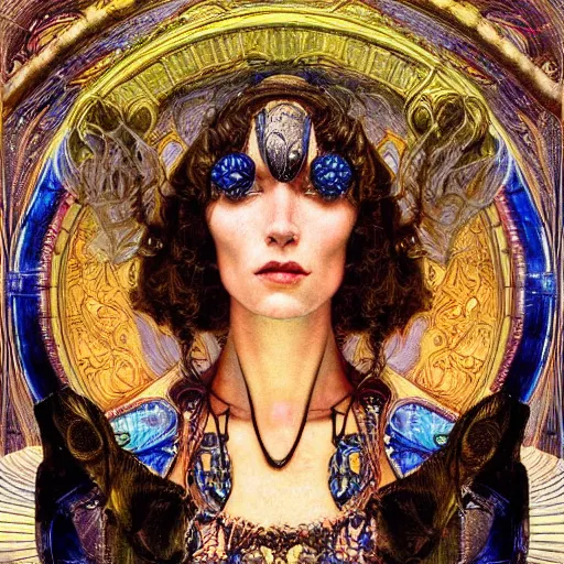 Image similar to baroque portrait of an art deco machine priestess, reflective detailed textures, highly detailed fantasy science fiction painting by annie swynnerton and jean delville and moebius, norman rockwell and william holman hunt. modern industrial shaman, rich colors, high contrast. artstation