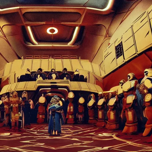 Prompt: Jodorowsky's Dune movie, cinema still, photo realistic, emperor's throne room with guards wearing helmets, in focus faces, colorful uniforms, extremely detailed and sharp, wide angle, 8k, cinestill 400t film