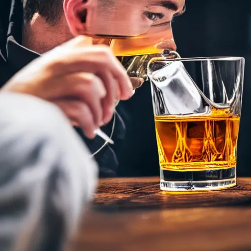 Prompt: a picture of man drinking whisky from the glass