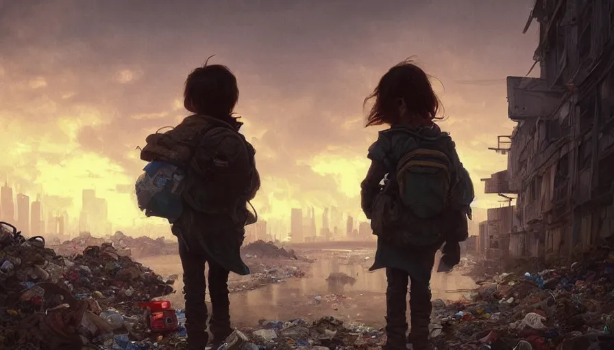 Image similar to poor detailed child with backpack looking for food at garbage dump, city is pure wasteland, moody sunset in background, greg rutkowski, alphonse mucha, trending on artstation, artgerm, unreal engine, breathtaking, award winning, highly detailed