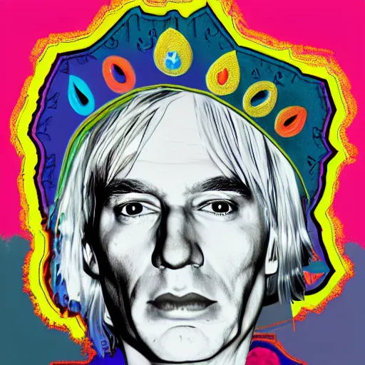 Image similar to An extremely psychedelic portrait of Andy Warhol wearing a crown, surreal, LSD, face, detailed, intricate, elegant, lithe, highly detailed, digital painting, artstation, concept art, smooth, sharp focus, illustration