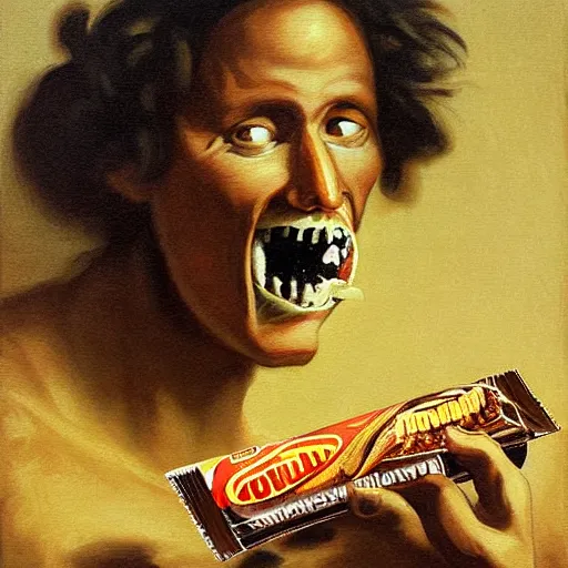 Image similar to saturn devouring a snickers chocolate bar, goya painting, in the style of goya and greg rutkowski, in the style of black paintings, 8 k, highly realistic