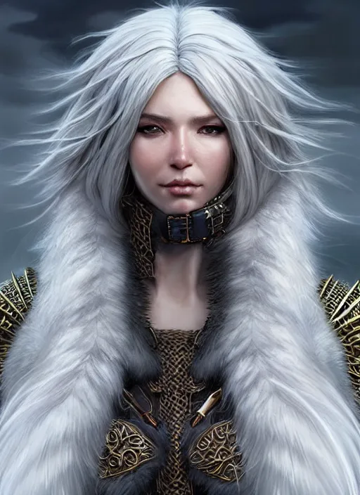 Image similar to fur coated armor!!! long wild white hair!! covered chest!!! fantasy, d & d, intricate ornate details, symmetry, concept art, sharp focus, illustration, art by artgerm! greg rutkowski magali villeneuve wlop! ilya kuvshinov!!, octane render, unreal engine 5, highly rendered!!