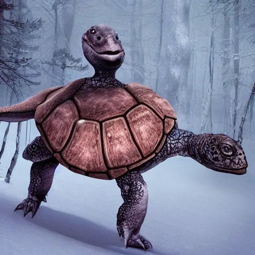 Image similar to anthropomorphic turtle humanoid, carapace, rutkowski, blizzard, winter, night, furs, fantasy