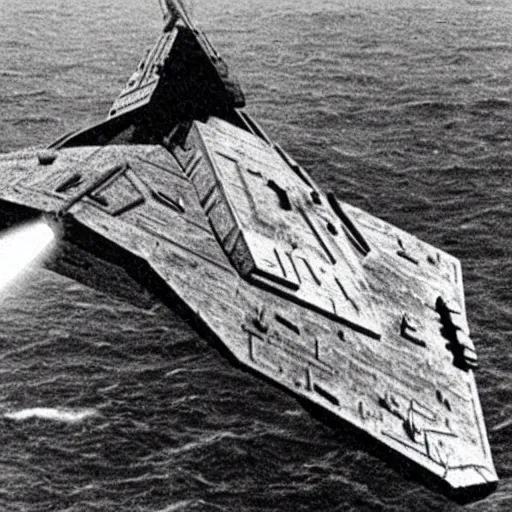 Image similar to an old ww2 photograph of a star wars star destroyer crashing