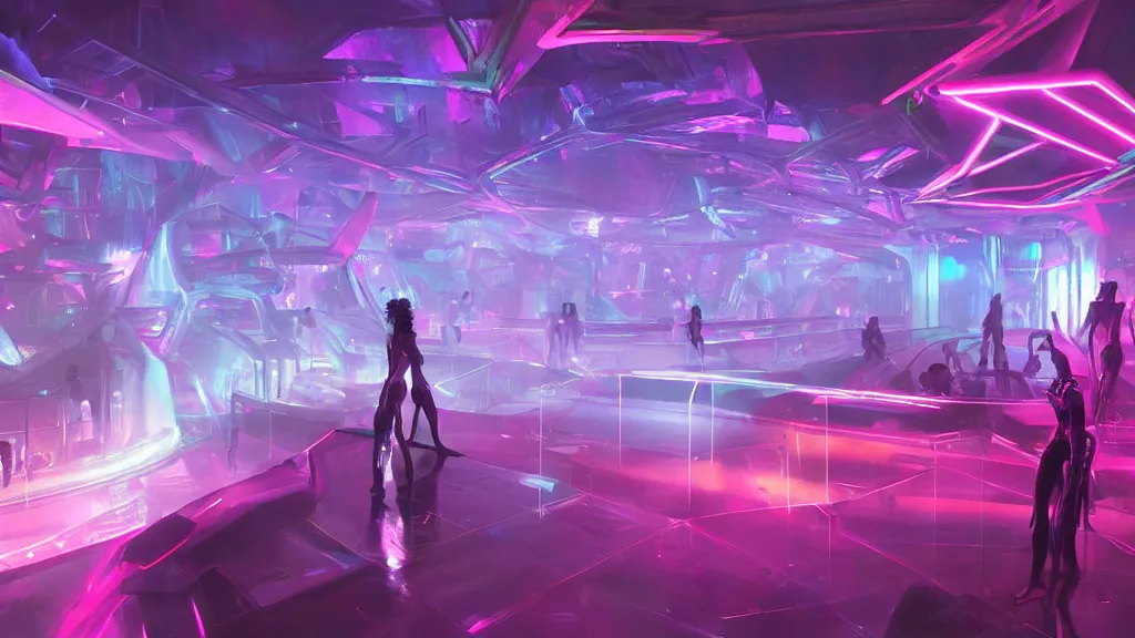 Image similar to sci-fi night club, with exotic female alien gogo dancers standing on platforms, neon lights, fog, smoke and atmosphere, bloom, platforms, faceted shapes, contemporary aesthetic, like concept art on artstation, like zaha hadid