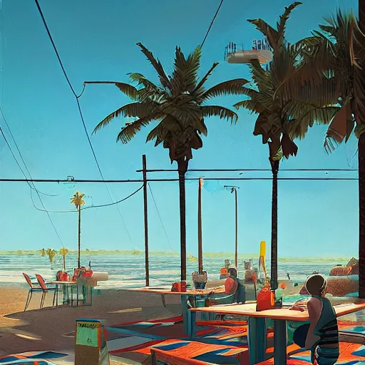 Prompt: inside diner at the beach and palm trees by simon stalenhag