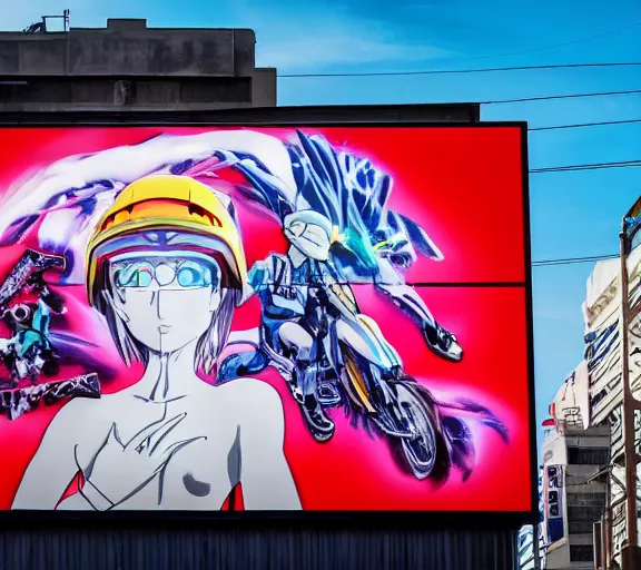 Image similar to billboard advertisement with an extremely beautiful photo of a white marble statue of an anime girl with colorful motocross logos and motorcycle helmet with closed visor, colorful smoke in the background, carved marble statue, fine art, neon genesis evangelion, virgil abloh, offwhite, denoise, highly detailed, 8 k, hyperreal