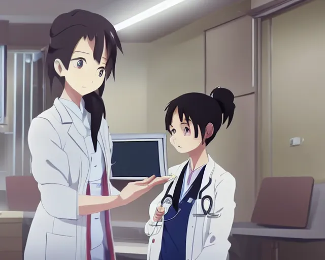 Image similar to a cute young female doctor wearing white coat are talking with an old surgeon in a hospital, slice of life anime, lighting, anime scenery by Makoto shinkai