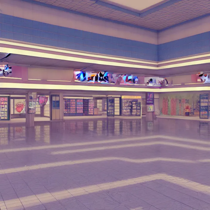 Prompt: vaporwave 7 0 s dreamy empty empty shopping mall, japanese style, highly detailed, 3 d render, vray, octane, realistic lighting, photorealistic