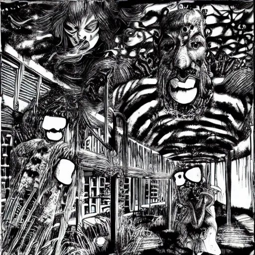 Image similar to 200 Hotels Manga panel award winning black and white art by Frank Zappa and Kim Jung Gi pen highly detailed pen and ink matte painting