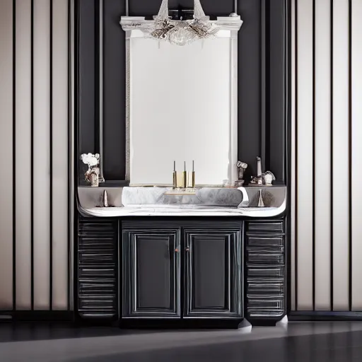 Prompt: a luxury bathroom vanity with makeup bottles, vogue magazine, photo, 4 k