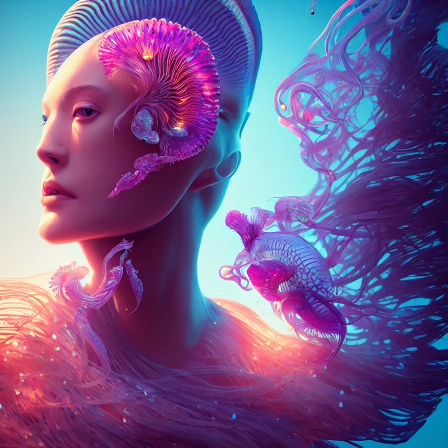 Image similar to goddess close-up portrait. orchid jellyfish phoenix head, nautilus, skull, betta fish, bioluminiscent creatures, intricate artwork by Tooth Wu and wlop and beeple. octane render, trending on artstation, greg rutkowski very coherent symmetrical artwork. cinematic, hyper realism, high detail, octane render, 8k