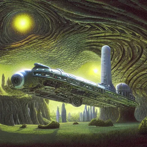 Image similar to overgrown spaceship by rob gonsalves, greg rutkowski, tim white, alex grey