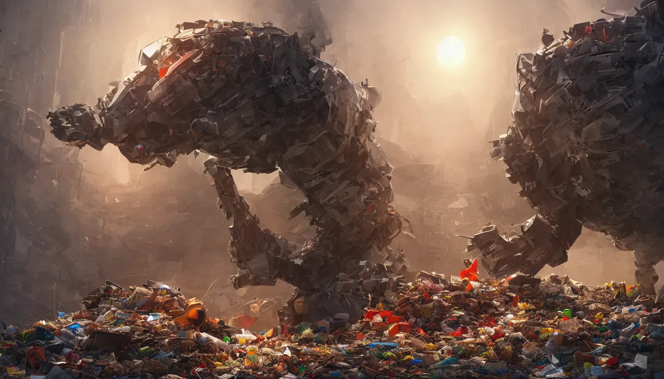 Image similar to gigantic robotic cat walks in a trash heap, red eyes, ai limbo, digital art, trending on artstation, 8k, epic composition, highly detailed,