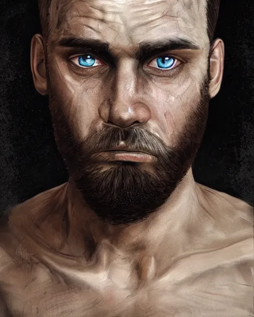 Image similar to portrait of muscular, tired and alcoholic 3 0 - year - old handsome man with short darkblonde hair, serious sad look in his eyes, dirty beard, blue eyes, wearing dirty soldier uniform, on the desert, hyper realistic face, beautiful eyes, character art, art by mark brooks, hyperdetailed, cryengine, trending on artstation, digital art