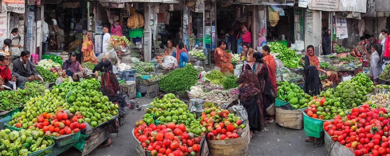 Prompt: a vegetable market on a busy street corner with other bazar shops