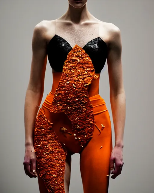 Image similar to olivia wearing an outfit made of orange peels, runway model at new york fashion week, sporty physique, black hair, freckles, pale skin, half body shot, photo by greg rutkowski, stage lighting, soft colors, female beauty, intricate detail, elegance, 3 5 mm, depth of field, masterpiece