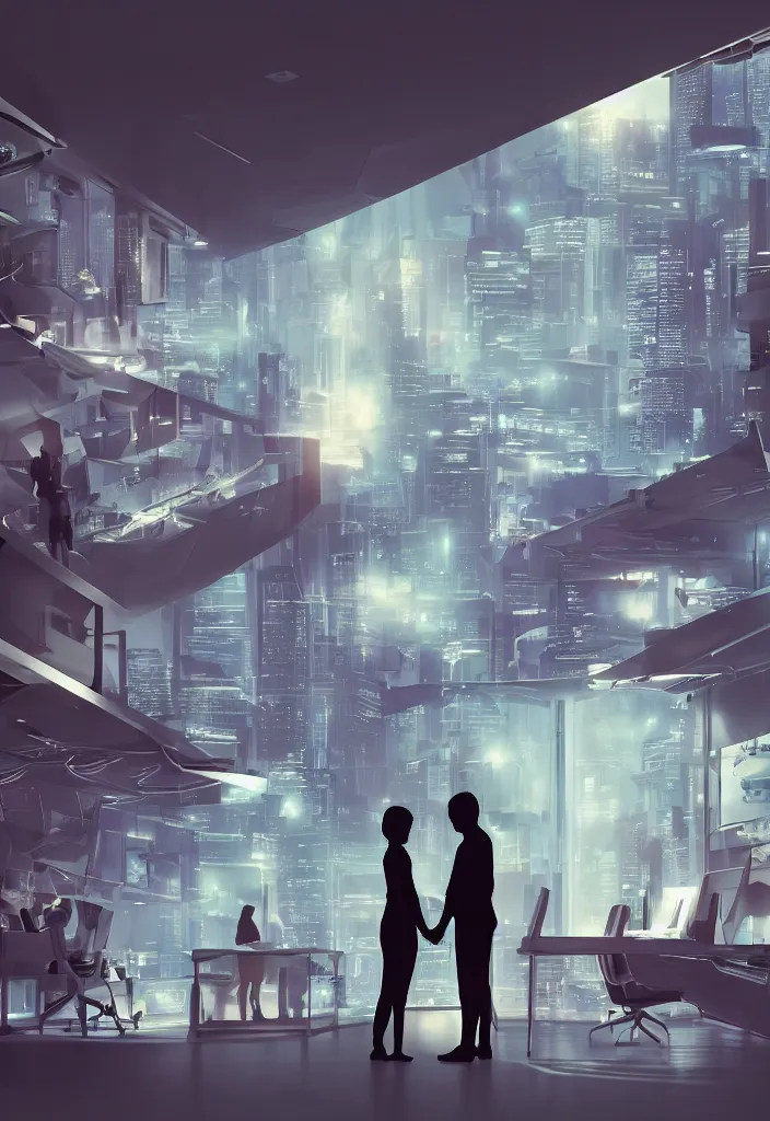 Image similar to silhouette of hugging couple, sitted husband at his futuritic desk, windiw with a futuristic city, rossdraws, global illumination, radiant light, detailed and intricate environment