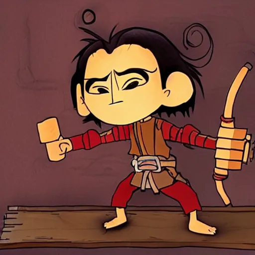 Prompt: Evil genius monkey, carpenter by trade, tool belt, hammer, in the style of Kubo And The Two Strings