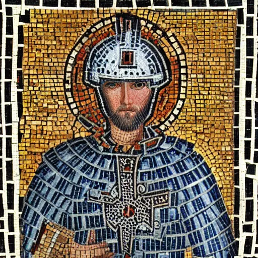 Prompt: realistic portrait of a crusader knight in a byzantine mosaic, centered, very detailed, very realistic, elegant, top art, renowed artwork