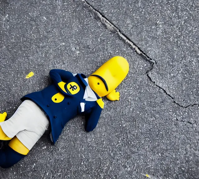 Image similar to crime scene photo of a minion lying dead on the pavement with a chalk outline around him